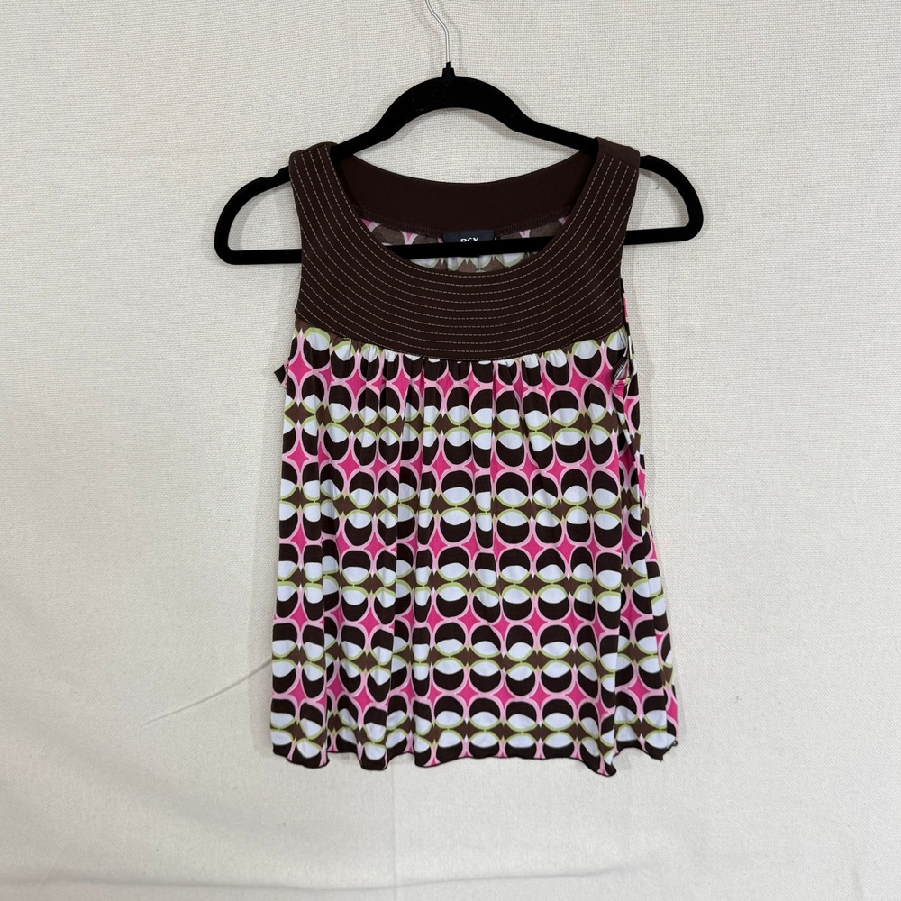 BCX‎ Women Brown Pink Geometric Print Sleeveless Babydoll Top Medium Y2K Retro